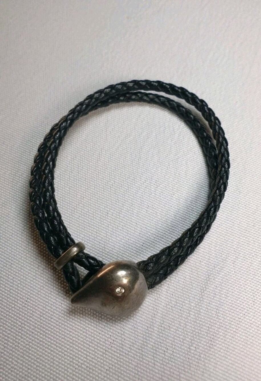 Kwiat 925 Sterling Silver Diamond Charity Water Black Braided Leather Bracelet